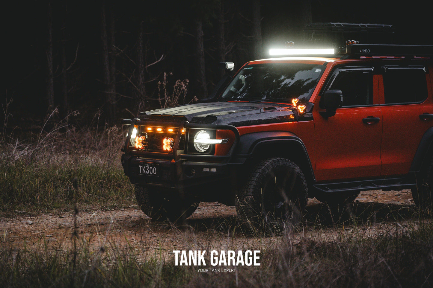 orange off-road tank 300 with bull bar platform HALO Series 6" LED Head Light Spot Light and HALO Series 3" LED Spot Light