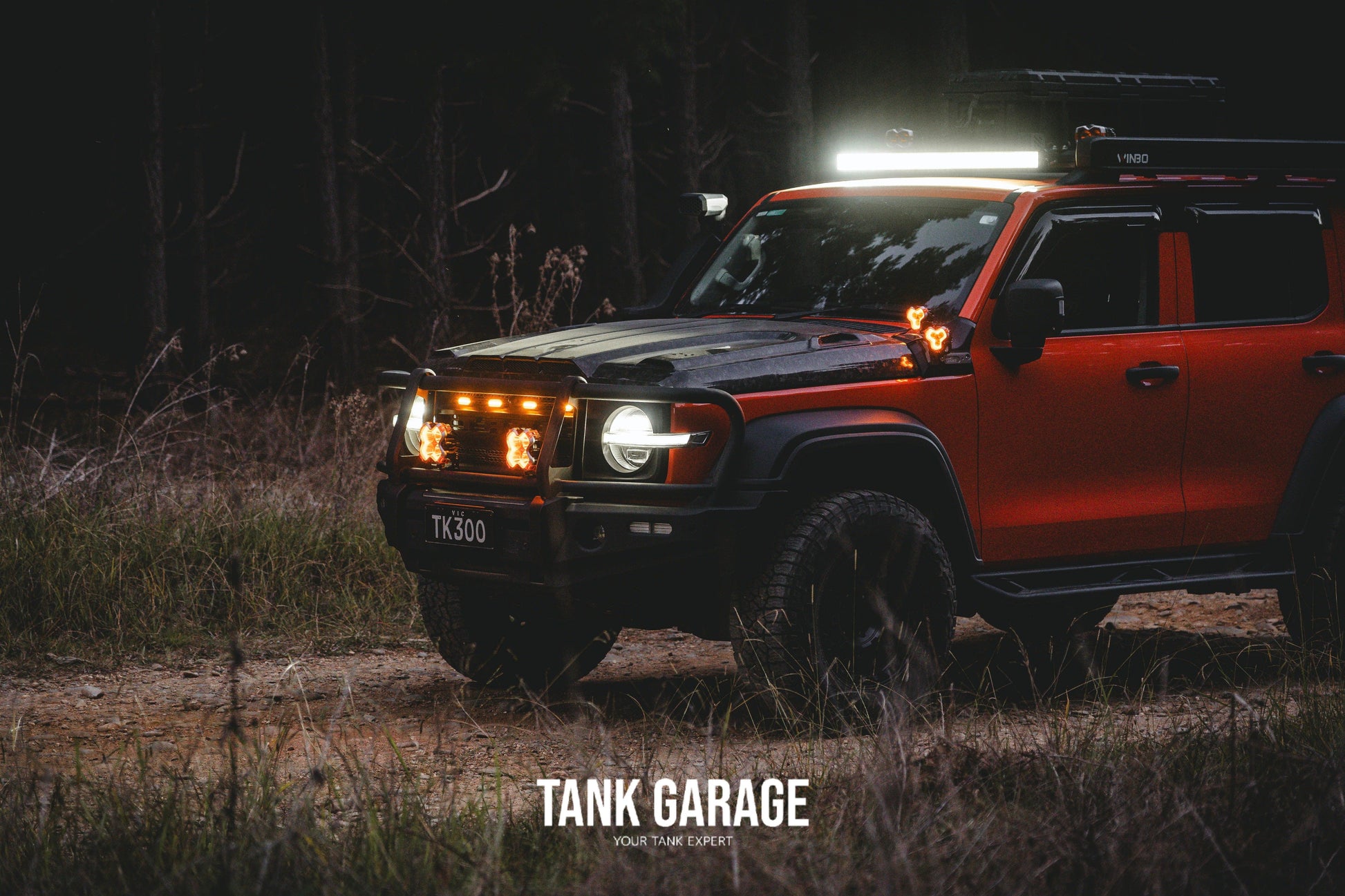 orange off-road tank 300 with bull bar platform HALO Series 6" LED Head Light Spot Light and HALO Series 3" LED Spot Light