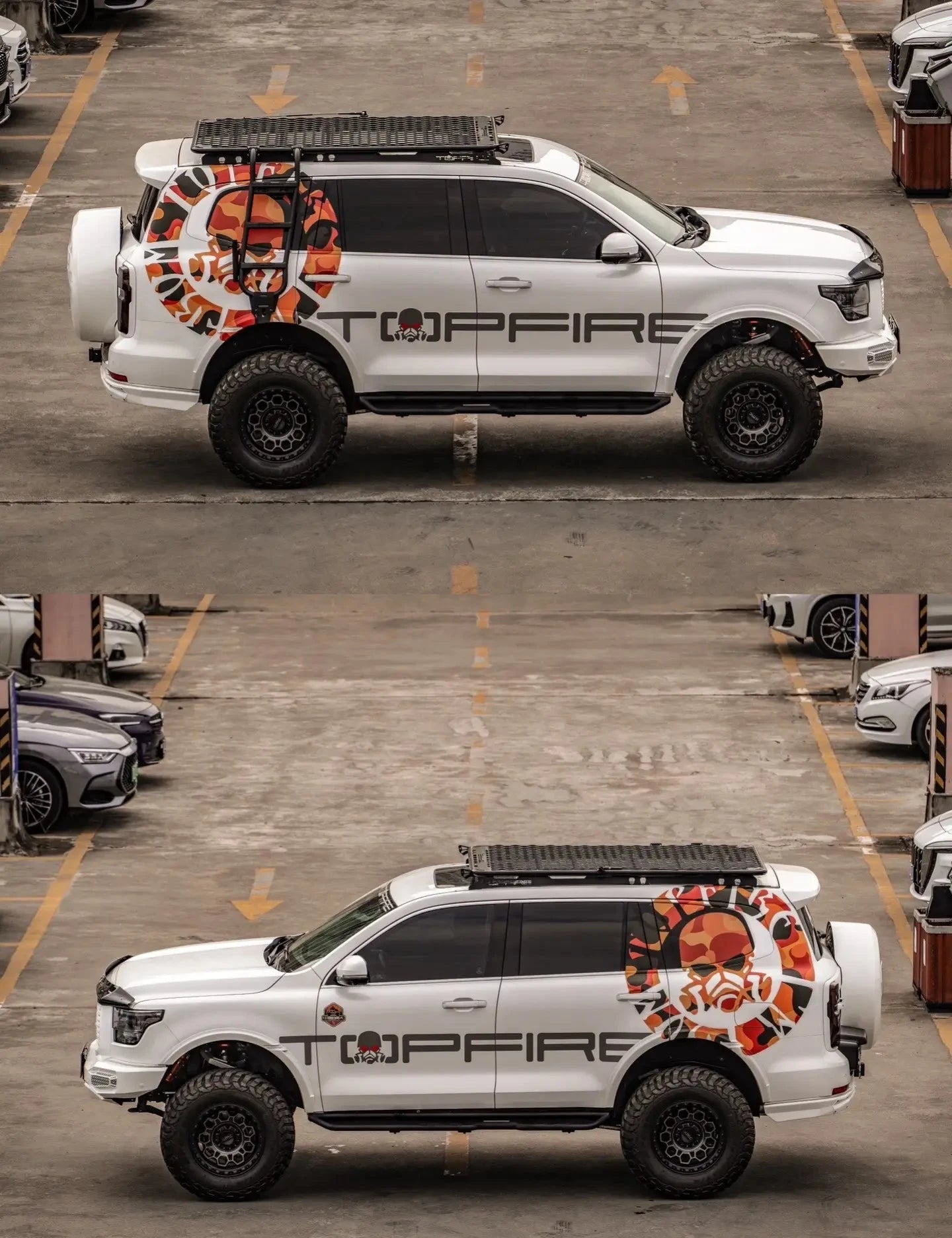A white Tank 500 equipped with a top fire roof rack, Hoopless Bullbar "Darkness" and a rear bumper "Darkness".